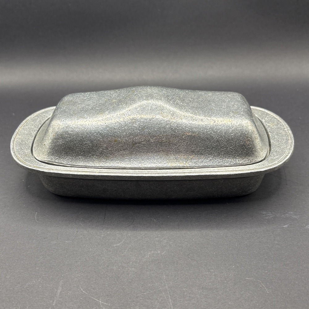 Complete 3-Pc Signed Wilton Armetale Pewter Tavern Butter Dish Glass Liner